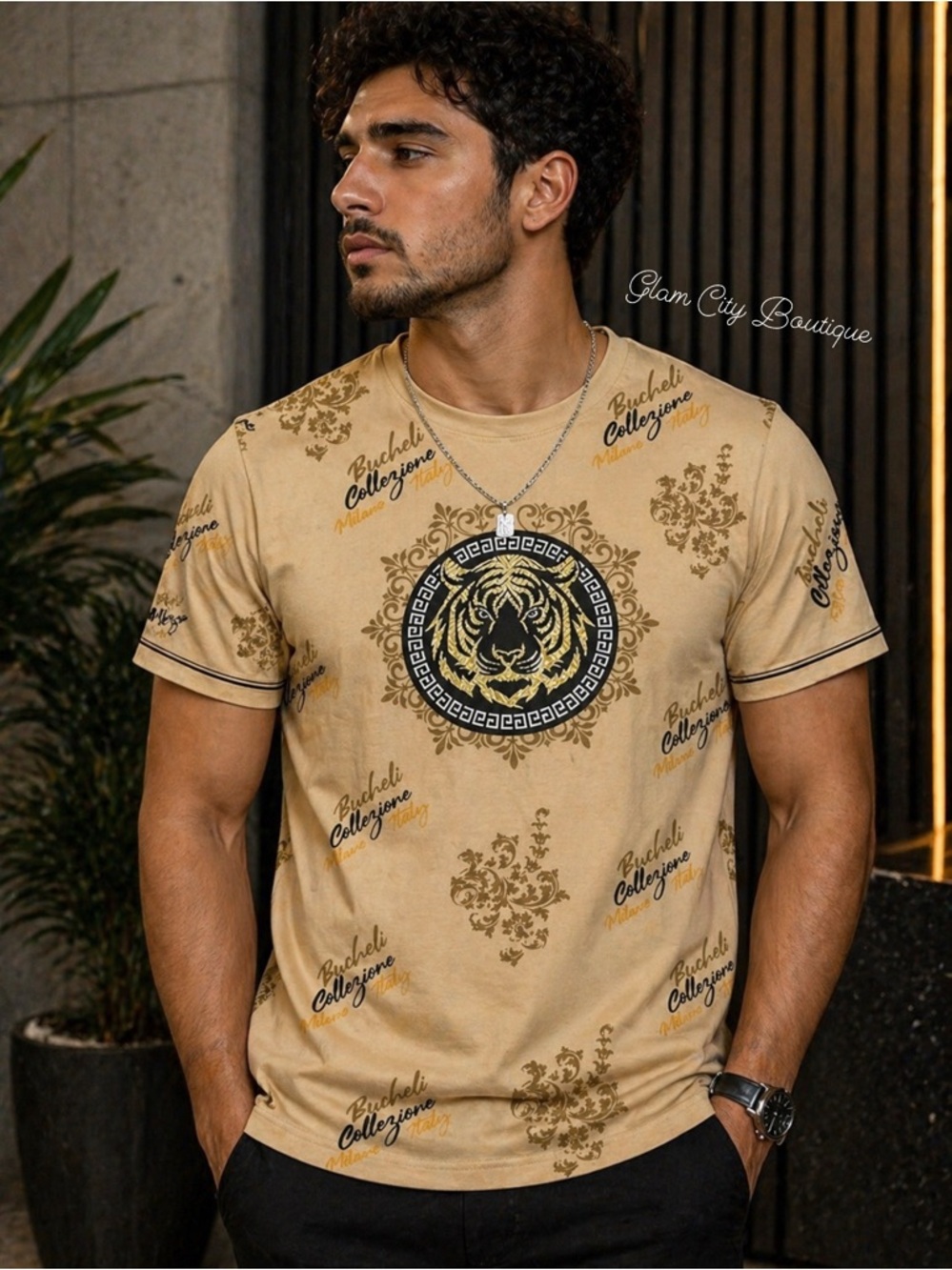 Men's Beige Tiger Medallion T-Shirt